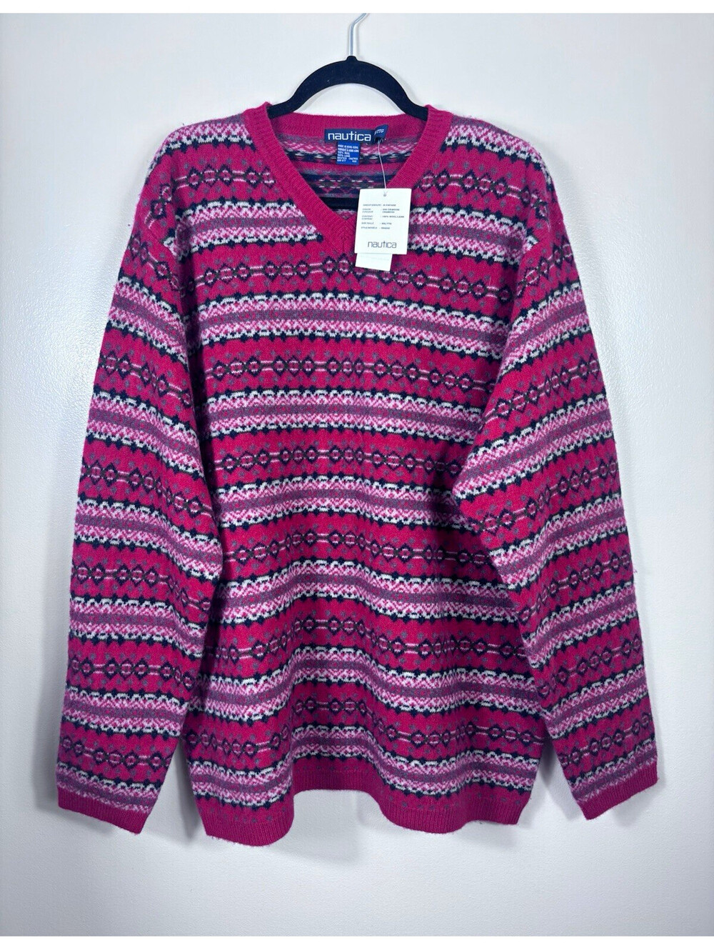 Nautica Men's Wool Geometric Knit V-Neck Pullover Sweater XXL Vintage Style